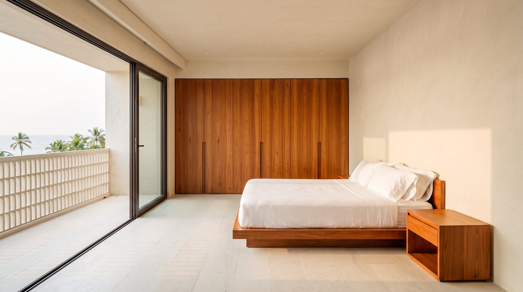 Habitación principal con cama baja, muro de clósets de madera y salida a terraza privada