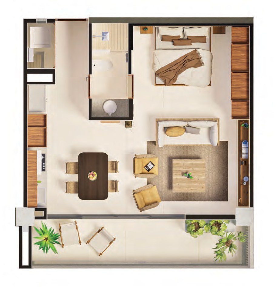 Planta amueblada del Tipo A vista desde arriba: cocina al muro izquierdo, comedor al centro, sala a la derecha, habitación y baño al fondo, terraza a todo lo ancho