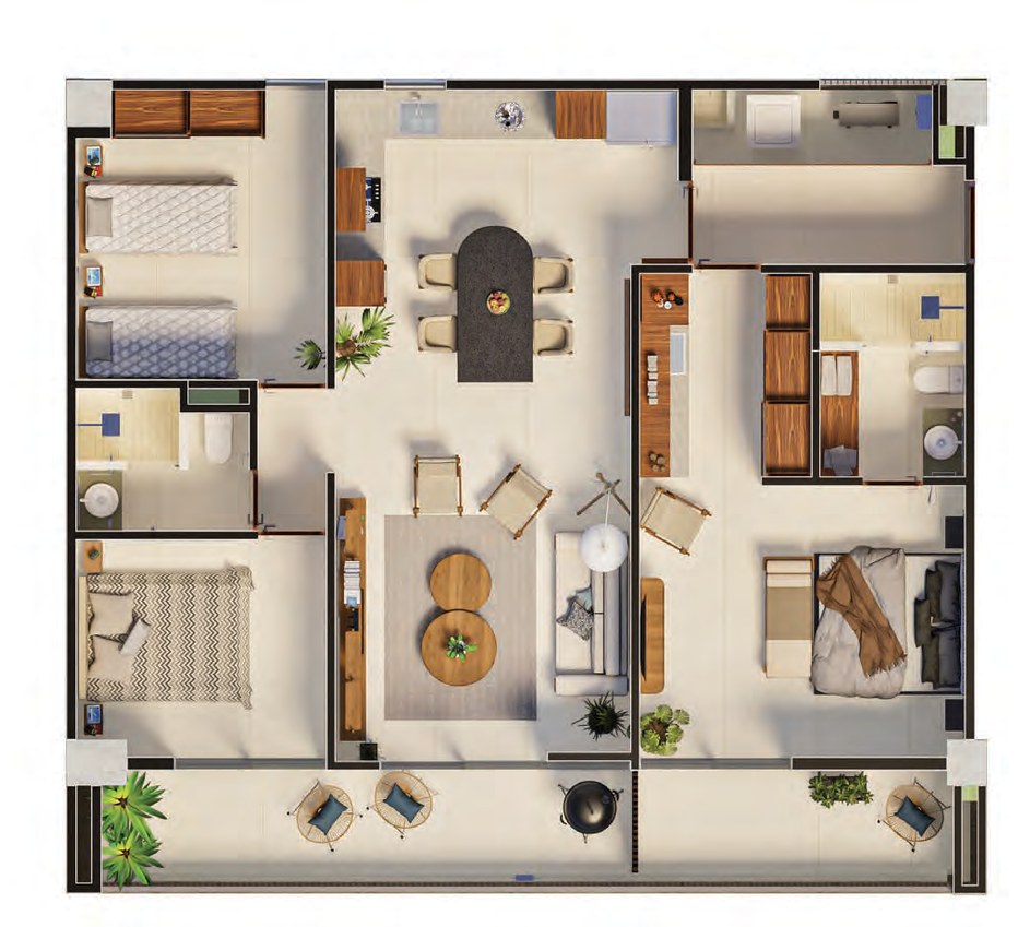 Planta amueblada del Tipo B: dos habitaciones y un baño a la izquierda, comedor y sala al centro, habitación principal con baño y vestidor a la derecha, terrazas al frente